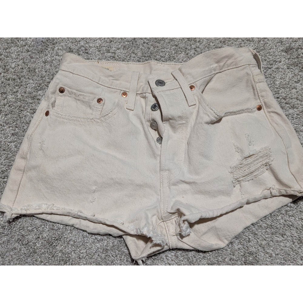 Levi's Premium Women's Beige Distressed Cut Off Denim Micro Shorts Button Fly 26